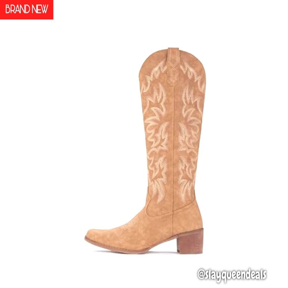 Knee High Western Cowgirl Boots Snip Toe Side Zipper Chunky Heel - Picture 6 of 8